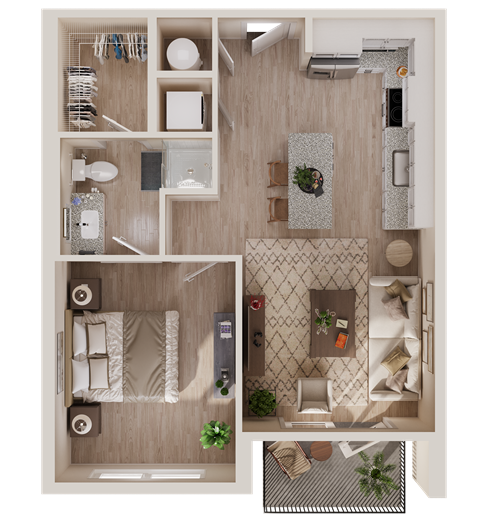 Floor plan for 1 bed, 1 bath, 607 sqft